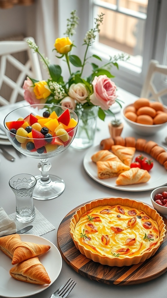 Chic brunch table with fruit salad, quiche, and pastries, set with elegant tableware and fresh flowers.